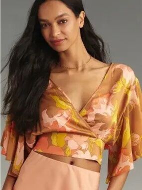 Anthropology Peach Floral Wrap Crop Top with Flutter Sleeves - Women Tops